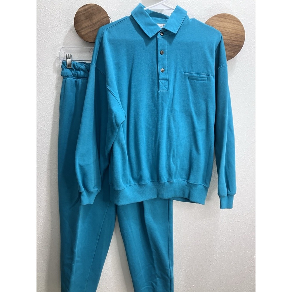 VTG 90s Bechamel Button Sweatshirt Aqua Blue Large Sweatsuit *Elastic Shot